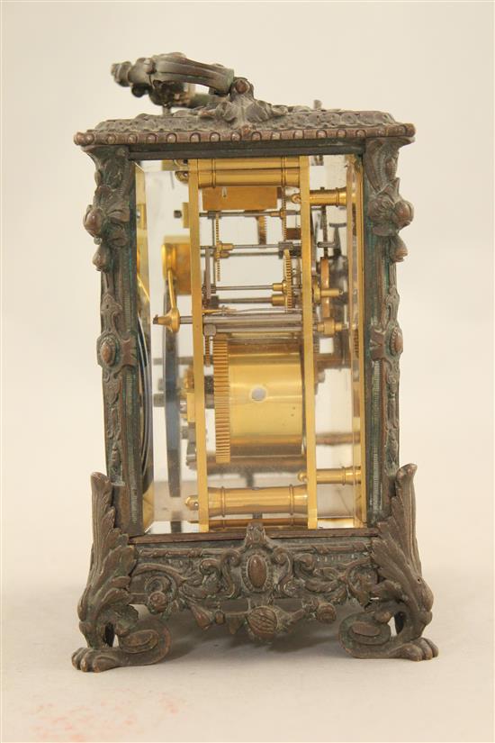 A late 19th century bronze carriage clock, 6in.